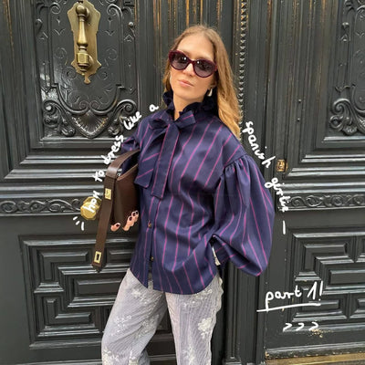 Chic Women's Striped Blouse with Ruffled Collar
