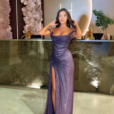 Sophisticated Evening Dress with Chic Draping and High Slit