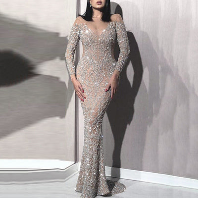 Shimmering Sequin Evening Dress with Deep Back Cutout