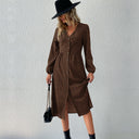 Chic V-Neck Women's Shirt Dress with Button Accents