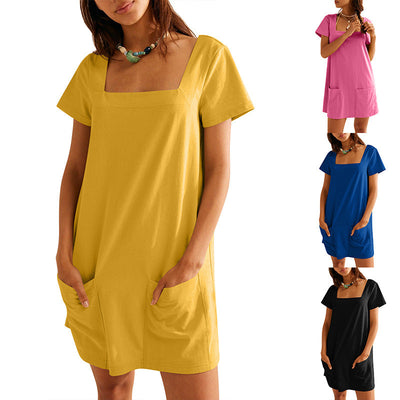 Chic Summer Dress with Square Neckline and Handy Pockets