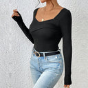 Women's Long Sleeve Bodysuit with Chic Wrap Design and Cozy Cuffs