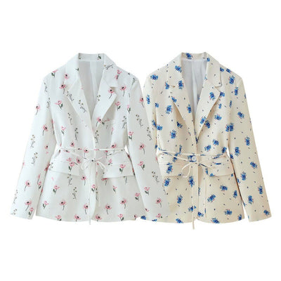 Floral Print Women's Blazer Jacket with Adjustable Belt