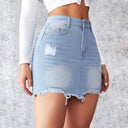 Chic Women's Frayed Hem Denim Mini Skirt with Ripped Accents