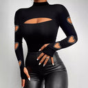 Chic Long Sleeve Bodysuit with Heart Cut-Outs and Rhinestone Accents