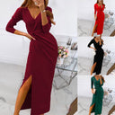 Chic Women's Wrap Dress with V-Neck and High Slit