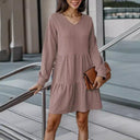 Stylish Women's V-Neck Dress with Flowy Hem and Long Sleeves