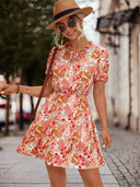 Floral Print Women's Blouse Dress with Elastic Waist