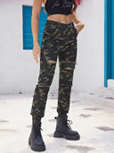 Trendy Camouflage Women's Cargo Jeans with Ripped Accents