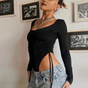 Chic Long-Sleeved Bodysuit with Gathered Sides & Deep Neckline