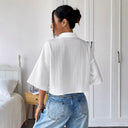 Textured Women's Short Sleeve Blouse with Modern Collar