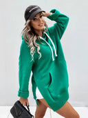 Chic Women's Hooded Dress with Pockets and Side Slits