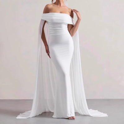 Chic Off-Shoulder Evening Dress with Sheer Cape and Flattering Design