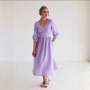 Chic Women's V-Neck Linen Dress - Flowing Design