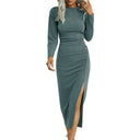 Chic Long Sleeve Midi Dress with Slit and Ruffles