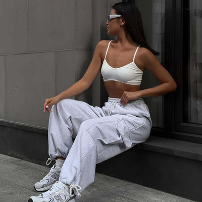 Women's Cargo Pants with Elastic Waist and Side Pockets