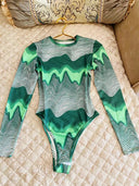 Chic Women's Long Sleeve Bodysuit in Wave Pattern