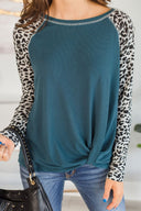 Chic Women's Long Sleeve Blouse with Leopard Print Sleeves and Knot Accent