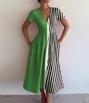 Chic Women's Maxi Dress with Deep V-Neck and Trendy Stripes
