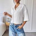 Textured Women's Short Sleeve Blouse with Modern Collar