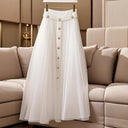 Chic Long Skirt with Button Accents and Shimmering Waistband
