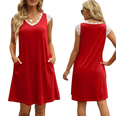 Lace-Trimmed Women's Sleeveless Dress with Pockets