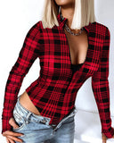 Chic Women's Long Sleeve Zipper Bodysuit with Check Design