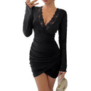 Chic Women's Lace V-Neck Dress with Gathered Design