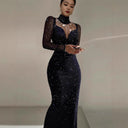 Chic Evening Dress with Sheer Sleeves & Star Accents