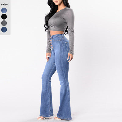 High-Waisted Flared Jeans with Chic Button Detail
