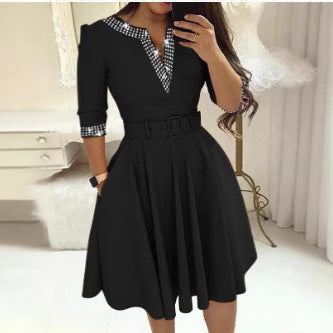 Checkered Women's Dress with Stylish Belt