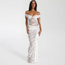 Off-Shoulder Lace Maxi Dress with Ruffle Accents