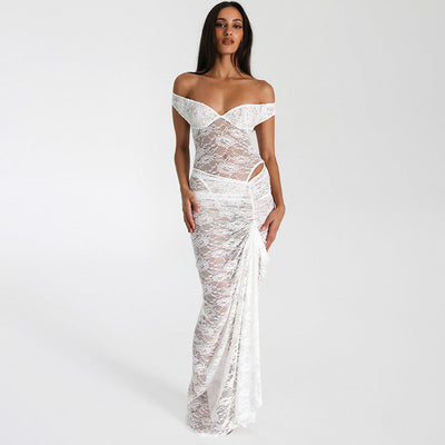 Off-Shoulder Lace Maxi Dress with Ruffle Accents