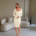Chic Midi Dress with Deep Slit & Long Sleeves
