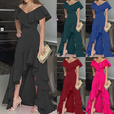 Women's Evening Dress with Ruffle Accents and Asymmetrical Hem