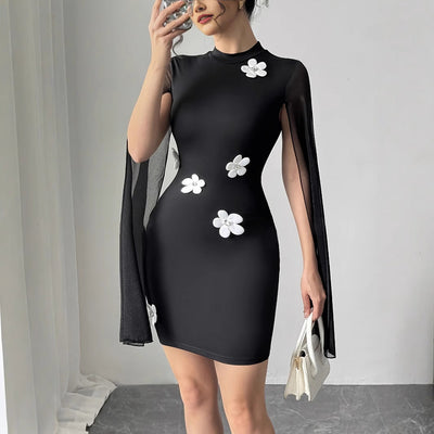 Floral Appliqué Women's Dress with Sheer Sleeves