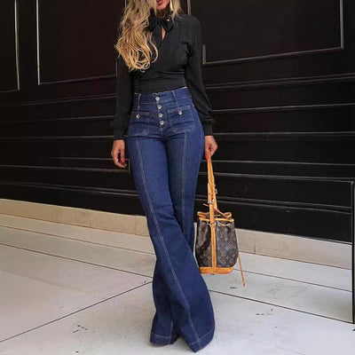 Stylish High-Waisted Bootcut Jeans with Chic Button Accents