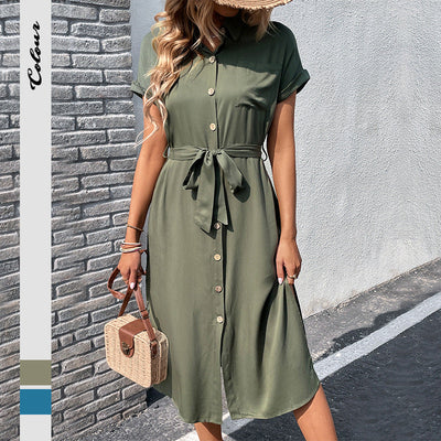 Chic Women's Shirt Dress with Stylish Tie Belt and Classic Button Design