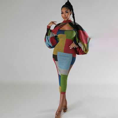 Chic Women's Long Sleeve Dress with Geometric Design