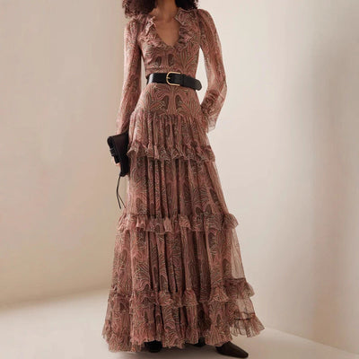 Women's Ruffle Maxi Dress with V-Neck Design