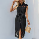 Chic Women's Long Sleeve Lace Accent Dress with Adjustable Belt