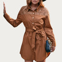 Chic Lace-Trimmed Women's Shirt Dress with Adjustable Belt