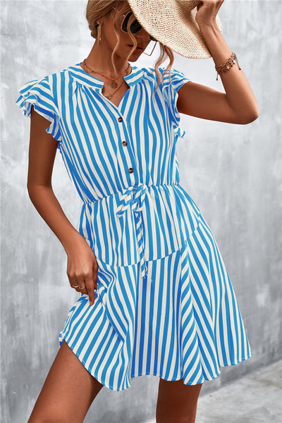 Chic Women's Striped Short Sleeve Dress with Ruffle and Drawstring Detail