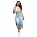 Trendy Women's Flared Denim Skirt with Slit and Fringed Hem