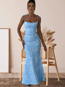 Women’s Long Sleeve Floral Jacquard Evening Dress with Chic Back Cutout