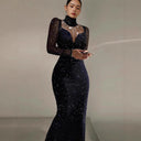 Chic Evening Dress with Sheer Sleeves & Star Accents