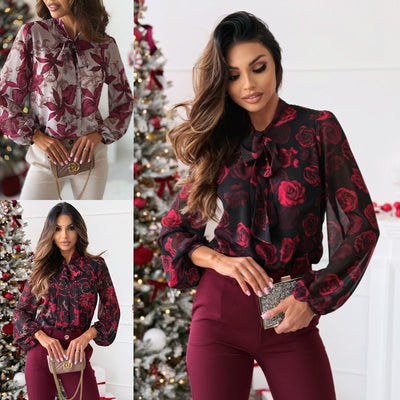 Chic Bow Collar Floral Blouse for Women