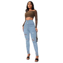 Chic High-Waist Jeans with Trendy Rips and Button Accents