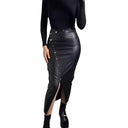Chic High-Waisted Faux Leather Skirt with Button Accents and Slit