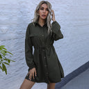 Stylish Women's Shirt Dress with Waist Tie & Pocket Details
